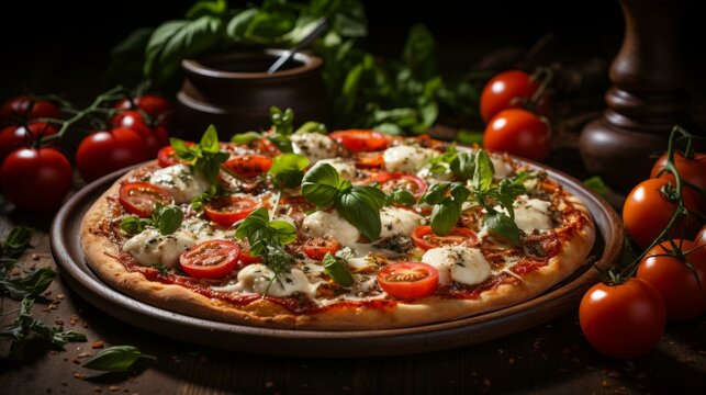 b'A delicious pizza with fresh tomatoes, basil, and mozzarella cheese'