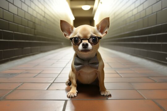 b'A Chihuahua dog wearing a bow tie and eyeglasses is sitting in a hallway'