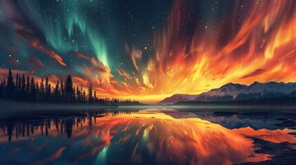 b'Landscape with aurora borealis and mountains'