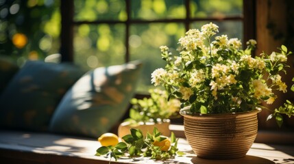 Fototapeta na wymiar b'A beautiful bouquet of white flowers sits on a wooden table near a window.'