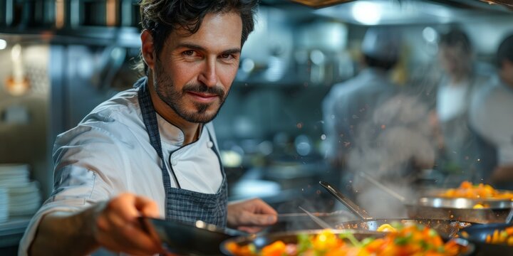 b'Chef is cooking in a commercial kitchen'