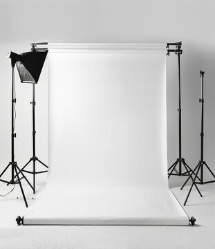 b'Black and white photo studio background with lighting equipment'