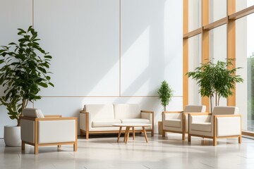 b'A modern office lobby with white walls and furniture'