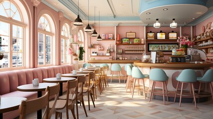 b'An illustration of a cafe with pink and blue pastel colors'
