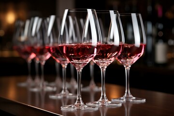 b'Elegant wine glasses filled with delicious rose wine' - obrazy, fototapety, plakaty