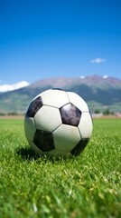 Fototapeta premium b'Close up of a soccer ball on the grass with mountains in the distance'