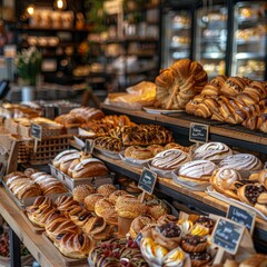 Fototapeta premium Freshly baked pastries and bread on shelves in a bakery