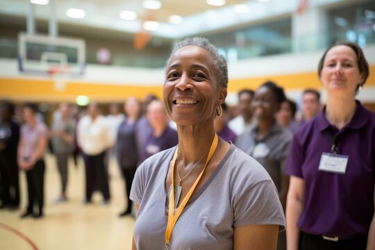 b'Smiling African American woman with group of people in background'