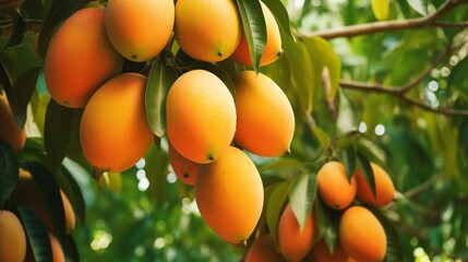 Bunch of fresh ripe mango hanging on a tree in mango garden.