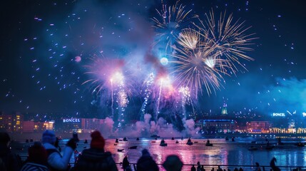 Obraz premium holiday festival colorful fireworks over boats bokeh