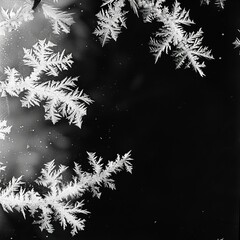 b'Black and white photo of frost on a window'