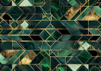 Abstract art geometric pattern featuring emerald green and gold colors, with angular shapes and textured textures for an elegant design.