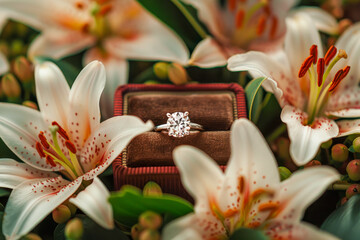 Stunning Engagement Ring on Floral Bed With White Lilies and Green Leaves