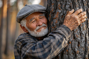 A senior man hugging a tree, loves nature, environmentally conscious - 798119101