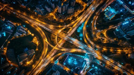 Night cityscape with circular road system and traffic trails. Aerial view of urban transportation and buildings. - obrazy, fototapety, plakaty