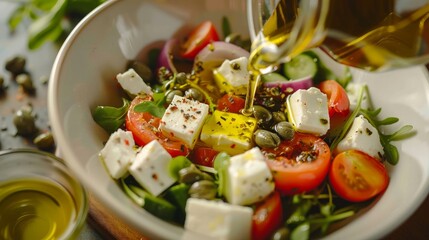 Pouring olive oil on a healthy vegetable salad, close-up. A delicious vegetable diet salad