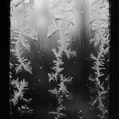 b'Black and white photo of frost patterns on a window'