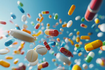 Pharma industry concept, medical pills, and prescription medication flying through the air