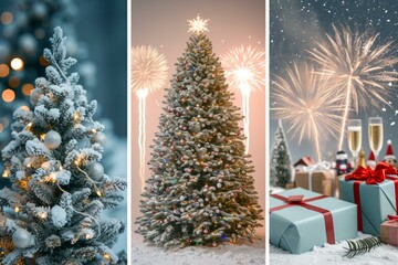 b'A beautiful Christmas tree with presents and fireworks in the background'