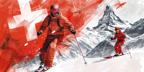 Swiss Flag with a Watchmaker and a Skier - Visualize the Swiss flag with a watchmaker representing Switzerland's precision and craftsmanship in watchmaking
