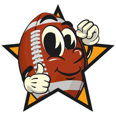 american football cartoon vector isolated clip art illustration mascot out from of a star with thumbs up, vector work of hand drawn