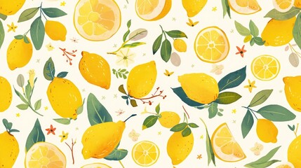 A vibrant citrus pattern featuring hand drawn lemons in a botanical style set against a white background for a design