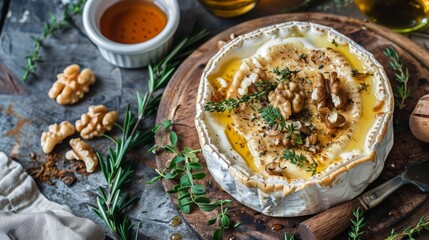 Baked camembert with honey, walnuts, herbs. Top view