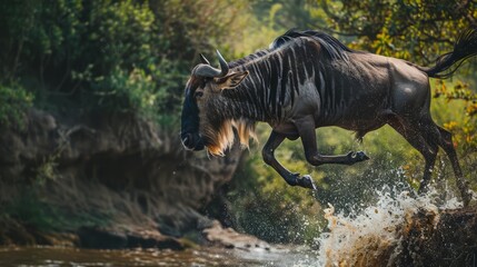 Wildebeest embrace adventure: majestic leap into the mara river's flowing depths