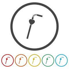 Drinking plastic straw with heart icon. Set icons in color circle buttons