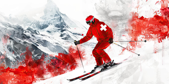 Swiss Flag with a Watchmaker and a Skier - Visualize the Swiss flag with a watchmaker representing Switzerland's precision and craftsmanship in watchmaking