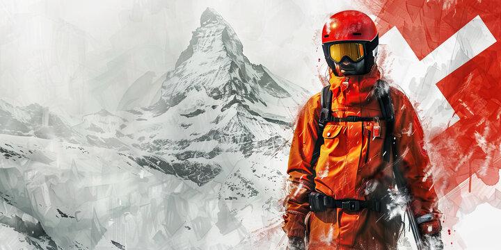 Swiss Flag with a Watchmaker and a Skier - Visualize the Swiss flag with a watchmaker representing Switzerland's precision and craftsmanship in watchmaking