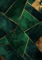 Abstract art geometric pattern featuring emerald green and gold colors, with angular shapes and textured textures for an elegant design.