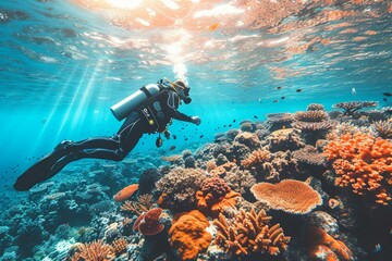 b'Scuba diver explores a coral reef in the Red Sea'