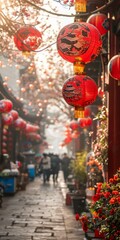 b'Red lanterns hanging in a street with cherry blossoms'