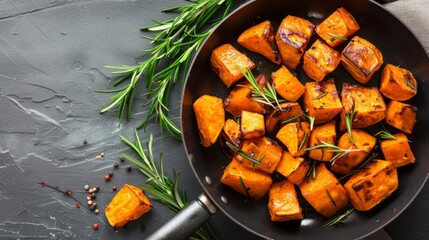 Fried sweet potatoes with rosemary in a pan on the table