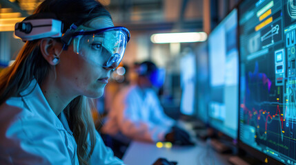 Image of the R&D center with portrait of engineers wearing protective glasses researching a new energy source