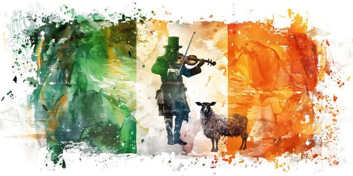  Irish Flag with a Celtic Musician and a Shepherd - Picture the Irish flag with a Celtic musician representing Ireland's rich musical heritage, and a shepherd