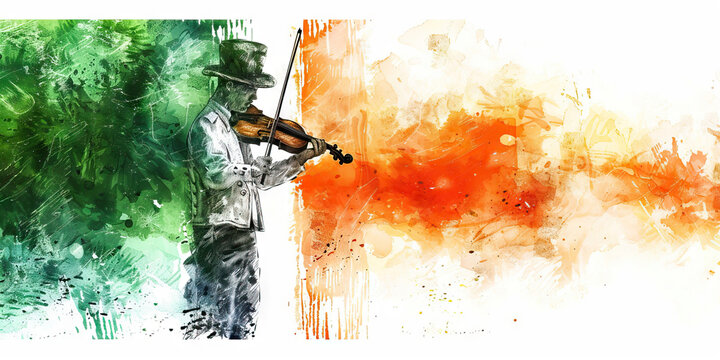  Irish Flag with a Celtic Musician and a Shepherd - Picture the Irish flag with a Celtic musician representing Ireland's rich musical heritage, and a shepherd