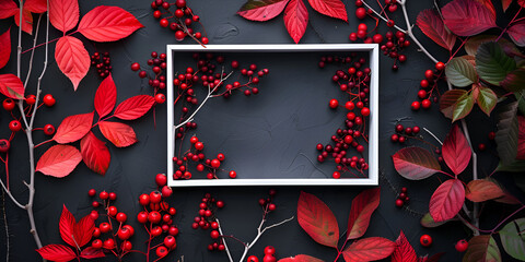 White rectangular frame focus dutch cranberry bush in bloom black background with white frame surround with red flowers