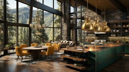 Fototapeta premium b'kitchen island wood forest dining room interior design'