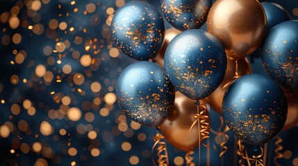 Holiday background with golden and blue metallic balloons, confetti, and ribbons. Festive cards for birthday parties, anniversaries, new year, Christmas, or other events. 