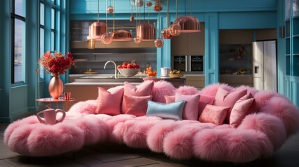 b'A pink furry sofa in a blue room' - obrazy, fototapety, plakaty