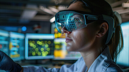 Image of the R&D center with portrait of engineers wearing protective glasses researching a new energy source