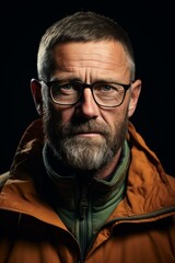 Obraz premium b'Portrait of a man with glasses and a beard wearing an orange jacket'