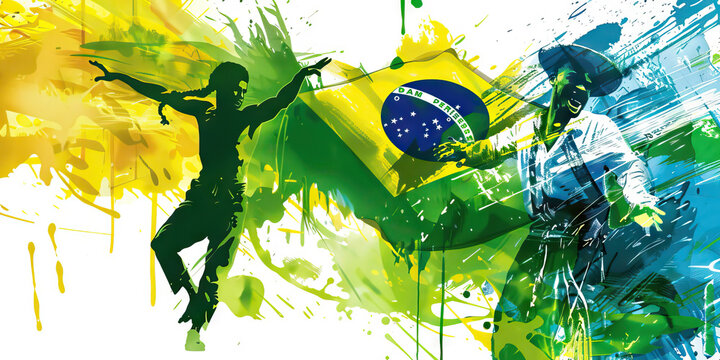 Brazilian Flag with a Capoeira Dancer and a Street Vendor - Imagine the Brazilian flag with a capoeira dancer representing the Brazilian martial art, and a street vendor