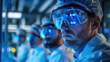 Image of the R&D center with portrait of engineers wearing protective glasses researching a new energy source