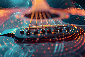 Focus on vibrating guitar strings, illustrating harmonic frequencies.