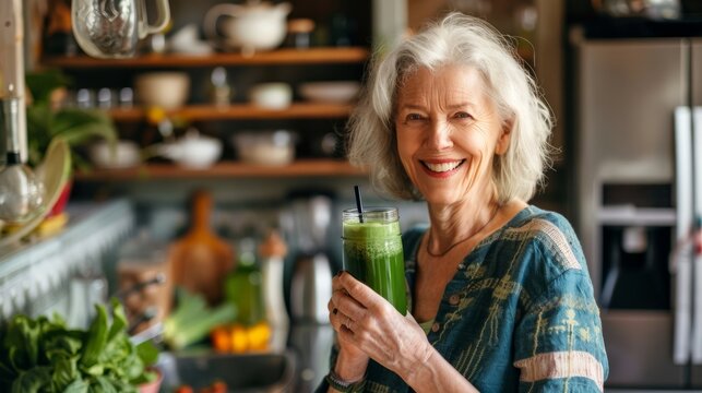 Healthy senior woman enjoying green juice in her kitchen
