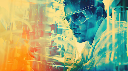 Image of the R&D center with portrait of engineers wearing protective glasses researching a new energy source