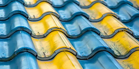 close up a modern blue & yellow roof tiles with Zinc roofing colors brown, yellow and blue background
